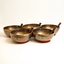 Load image into Gallery viewer, 5 Piece 9" Mantra Carved Himalayan Singing Bowls