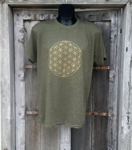 Men's T Shirt- Flower of Life Bright Military Green with Gold Ink