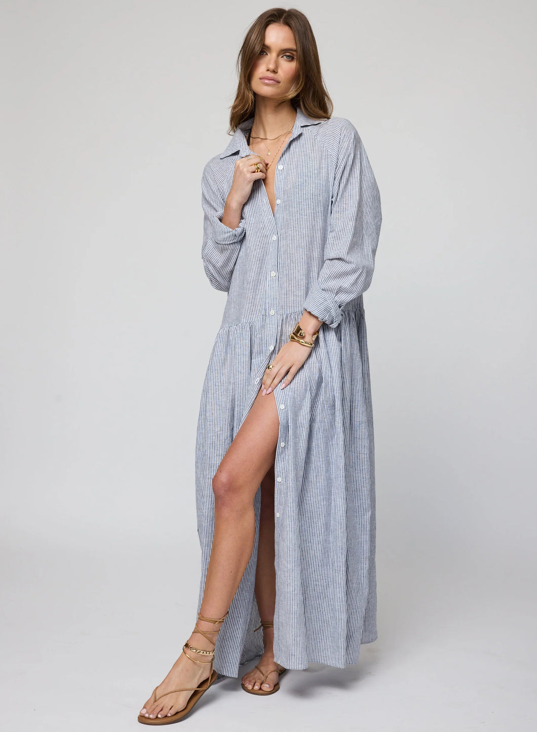 The Linen Drop Waist Shirt- Navy Stripe