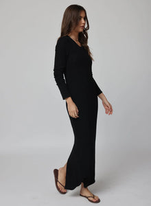 Rib Longsleeve Maxi Dress- Black