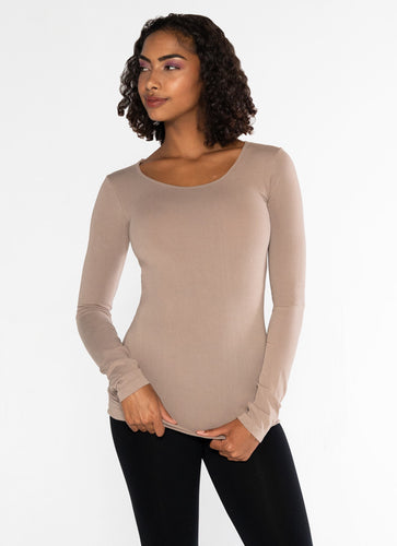 Bamboo Long Sleeve Scoop Neck Top- Taupe