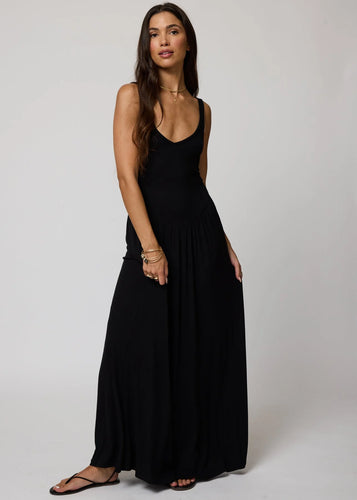 Rib Double Scoop Maxi Dress- Black