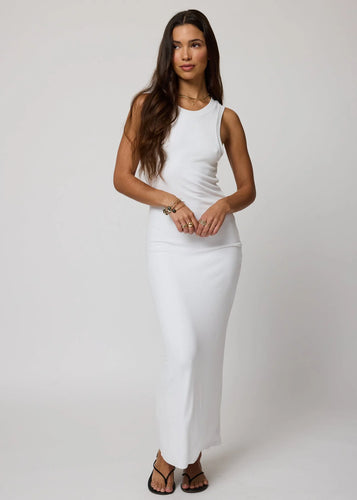 Rib High Neck Maxi Dress- White