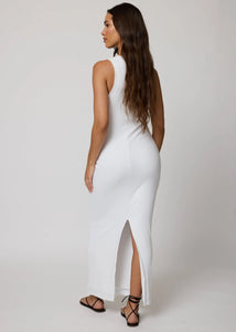 Rib High Neck Maxi Dress- White
