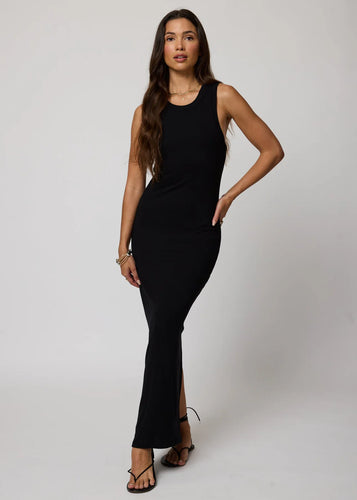 Rib High Neck Maxi Dress- Black