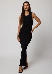 Rib High Neck Maxi Dress- Black