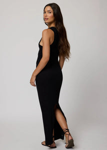 Rib High Neck Maxi Dress- Black