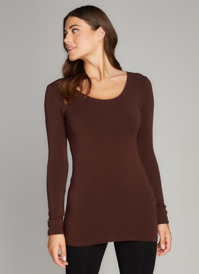 Bamboo Long Sleeve Scoop Neck Top- Brown