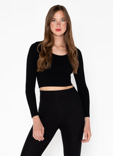 Bamboo L/S Crop Scoop Neck- Black