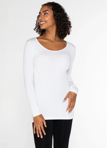 Bamboo Long Sleeve Scoop Neck Top- White