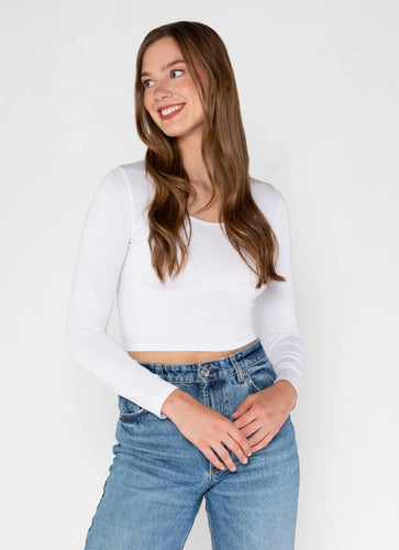 Bamboo L/S Crop Scoop Neck- White