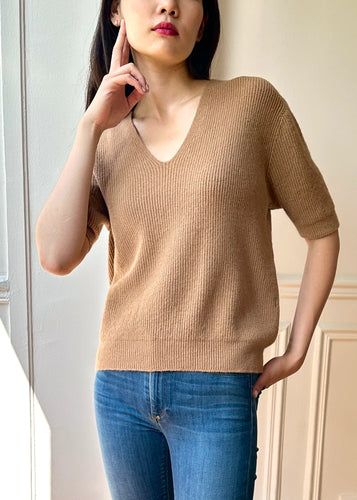 Short Sleeve Knit VNeck Sweater- Camel