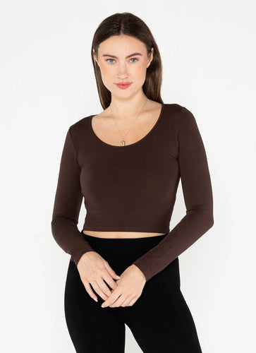 Bamboo L/S Crop Scoop Neck- Brown