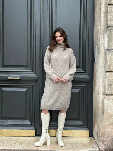 Midi Turtleneck Dress w/ Alpaca- Beige