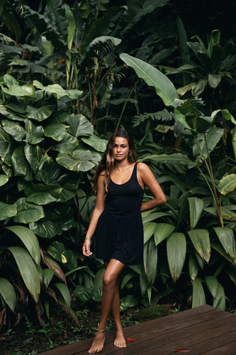 Rib Double Scoop Mini Dress- Black