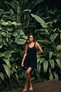 Rib Double Scoop Mini Dress- Black