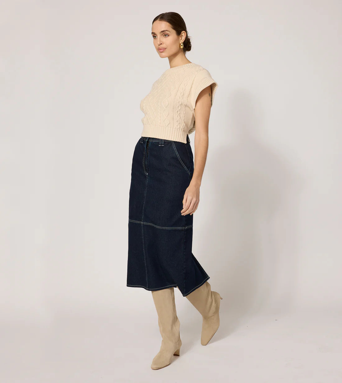 Sue Midi Skirt- Dark Denim – The Lotus Boutique