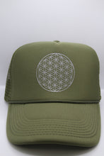 Load image into Gallery viewer, Trucker Hat Flower of Life OLIVE/ Silver