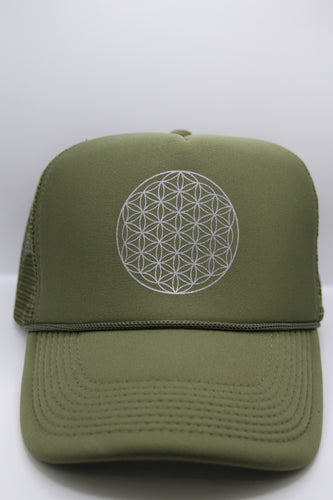 Trucker Hat Flower of Life OLIVE/ Silver