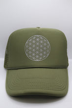 Load image into Gallery viewer, Trucker Hat Flower of Life OLIVE/ Silver