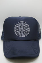 Load image into Gallery viewer, Trucker Hat Flower Of Life NAVY/ Silver Ink