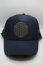 Load image into Gallery viewer, Trucker Hat Flower Of Life NAVY/ Gold Ink