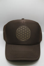 Load image into Gallery viewer, Trucker Hat Flower of Life BROWN/ Gold Ink