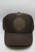 Load image into Gallery viewer, Trucker Hat Flower of Life BROWN/ Gold Ink