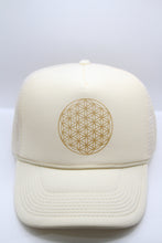 Load image into Gallery viewer, Trucker Hat Flower of Life Cream/ Gold Ink