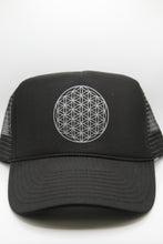 Load image into Gallery viewer, Trucker Hat Flower of Life BLACK/ Silver Ink