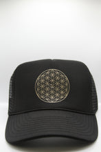 Load image into Gallery viewer, Trucker Hat Flower of Life BLACK/ Gold Ink