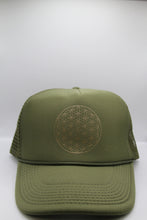 Load image into Gallery viewer, Trucker Hat Flower of Life OLIVE/ Gold