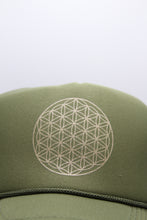 Load image into Gallery viewer, Trucker Hat Flower of Life OLIVE/ Gold