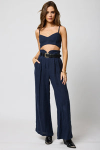 Linen Knotch Waist Pant- Navy