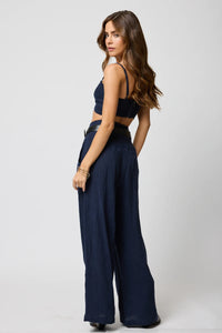 Linen Knotch Waist Pant- Navy