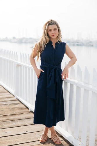 Navy Tie Front Midi Dress- Navy