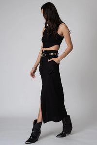 Stretch Linen Cargo Knotch Waist Maxi Skirt