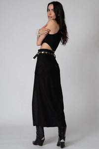 Stretch Linen Cargo Knotch Waist Maxi Skirt