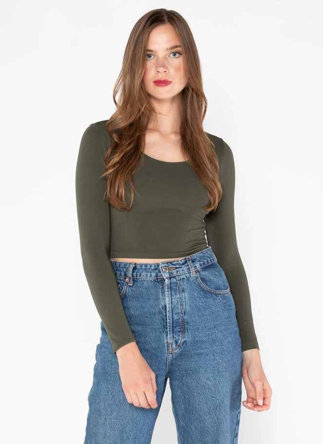 Bamboo L/S Crop Scoop Neck- Olive