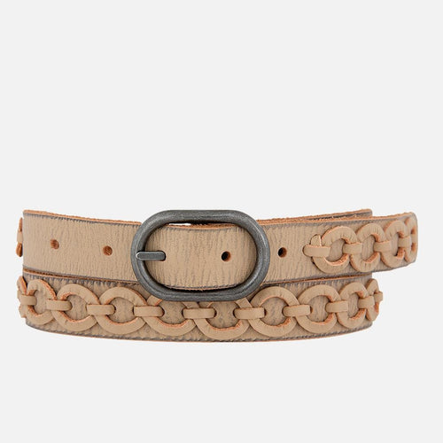 Anisa | Silver Buckle Circle Links Skinny Leather Belt