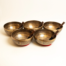 Load image into Gallery viewer, 5 Piece 9&quot; Mantra Carved Himalayan Singing Bowls