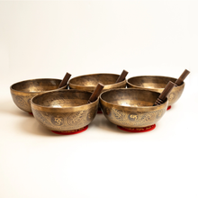 Load image into Gallery viewer, 5 Piece 9&quot; Mantra Carved Himalayan Singing Bowls
