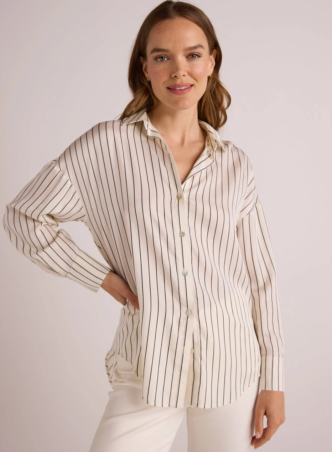 Oversized Button Down Shirt- Ivory Lurex Stripe