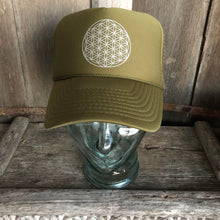 Load image into Gallery viewer, Trucker Hat Flower of Life OLIVE Green/ Silver Ink