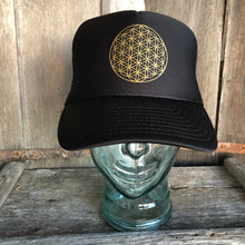 Load image into Gallery viewer, Trucker Hat Flower of Life BLACK/ Gold Ink​