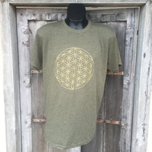 Load image into Gallery viewer, Men&#39;s T Shirt- Flower of Life Bright Military Green with Gold Ink