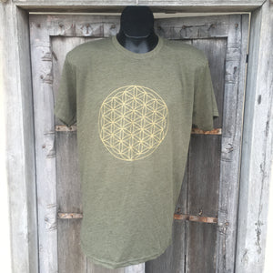 Men's T Shirt- Flower of Life Bright Military Green with Gold Ink