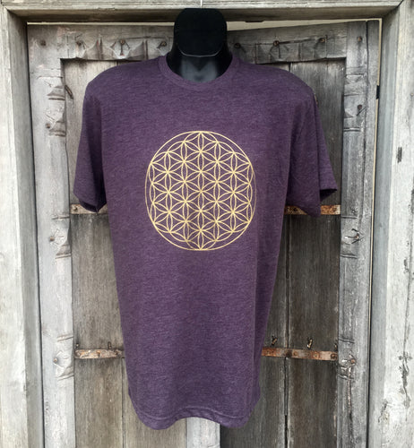 Men's T Shirt- Flower of Life Eggplant with Gold Ink